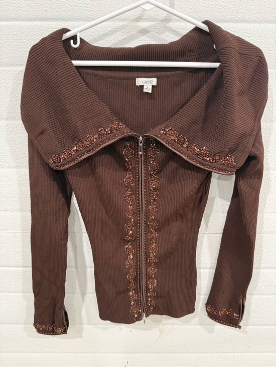 Cache Tops - Vintage Y2K 90s Gabrielle Solis Cache Off Shoulder Beaded Brown Zip Up Sweater